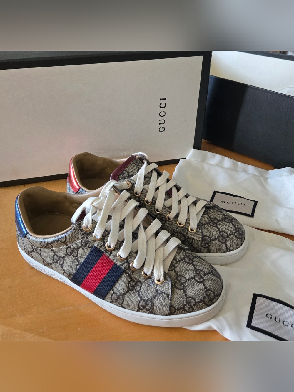 Gucci Ace Women's GG Supreme Canvas Beige Blue/Red EUR 38 G, US 7.5 - Picture 2 of 15